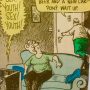 Cartoon illustration depicting a woman on a couch and a man heading towards a door with speech bubbles about advertising.