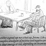 Cartoon depicting a conversation between two men at a table, discussing personality traits.