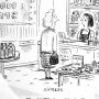 Cartoon depicting an elderly woman asking a shop assistant about skincare products in a store.