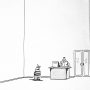 Cartoon depicting a minimalistic convenience store with a customer and a clerk at the counter.