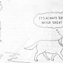 Cartoon illustration of a man holding a stick while a dog walks by, with a thought bubble saying 'It's always 'good dog' never 'great dog.'