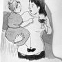 Illustration of a woman holding a glass and talking to a young girl in a dress, discussing a magic potion.