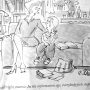 Cartoon depicting a woman comforting a child holding a cat while sitting on a couch with scattered books.