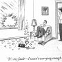 Cartoon depicting a man sitting on a couch with a broken window and a bomb on the floor, while a woman stands nearby.