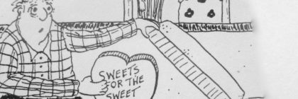 Cartoon illustration of a man holding a heart-shaped box labeled 'Sweets for the Sweet' while a woman looks on.