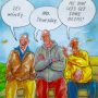 Three cartoon men sitting on a bench discussing the weather and planning to get beers.