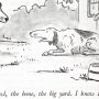 Cartoon illustration of two dogs discussing happiness, one sitting and the other lying down with a bowl nearby.