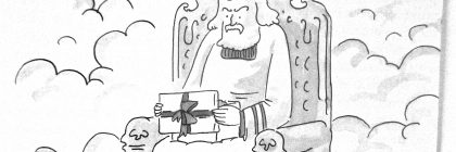 Cartoon illustration of a figure sitting on a throne in clouds, holding a gift box and expressing frustration about sandals.