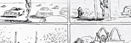 Comic strip titled 'Jesus Visits America' depicting a figure engaging with various American symbols.