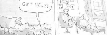 Cartoon illustration depicting a character calling for help while a dog stands nearby, and another character sits in a waiting area.