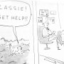 Cartoon illustration depicting a character calling for help while a dog stands nearby, and another character sits in a waiting area.