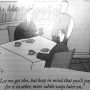Cartoon depicting two men at a table with a waiter serving coffee and a humorous dialogue about paying later.