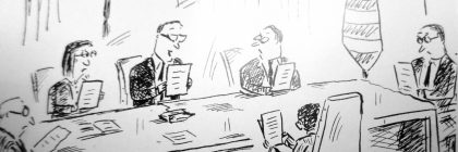 Cartoon depicting a meeting where participants discuss changing a phrase from 'brink of chaos' to 'Everything is wonderful.'