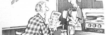 Cartoon depicting a diner ordering unhealthy food from a waitress in a restaurant setting.