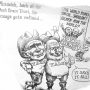 Political cartoon depicting two characters with Yale hats and a sign questioning oil industry leadership.