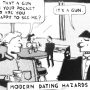 Cartoon depicting two men in conversation at a social event, one holding a drink and the other wearing a hat.