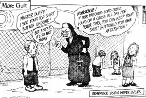 Cartoon depicting a nun scolding a boy about his unbuttoned shirt in a school setting.