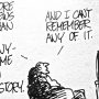 Black and white cartoon depicting a person sitting in front of a television with a speech bubble about news.