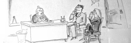 Cartoon depicting a teacher discussing a child's nose picking problem with parents in a classroom setting.