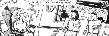 Cartoon depicting a person sitting in a chair speaking to two others, expressing various life circumstances.