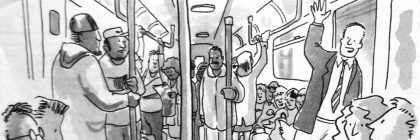 Cartoon depicting a subway scene with various passengers and a man waving goodbye while exiting.