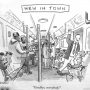 Cartoon depicting a subway scene with various passengers and a man waving goodbye while exiting.