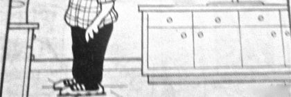 Cartoon depicting a man standing in a kitchen, expressing his thoughts about eating genetically modified tomatoes.