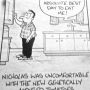 Cartoon depicting a man standing in a kitchen, expressing his thoughts about eating genetically modified tomatoes.