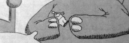 Cartoon dinosaur character holding a small collectible figure while sitting on a bed.