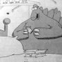 Cartoon dinosaur character holding a small collectible figure while sitting on a bed.