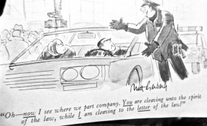 Cartoon depicting a police officer speaking to a driver in a convertible car with a passenger.