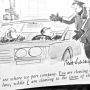 Cartoon depicting a police officer speaking to a driver in a convertible car with a passenger.
