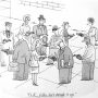 A cartoon depicting a group of people in a standoff, each holding a gun, with a character suggesting to break it up.