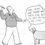 A man holding a stick while speaking to a dog that is looking up at him.