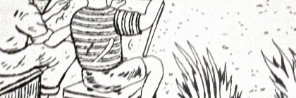 Cartoon illustration featuring two boys discussing a rhinoceros in a natural setting.