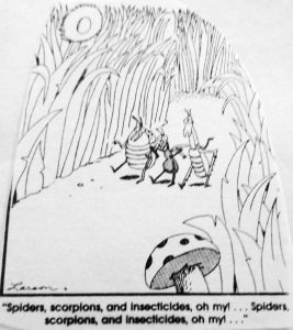 Cartoon depicting various insects walking through tall grass with a mushroom in the foreground.