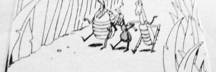 Cartoon depicting various insects walking through tall grass with a mushroom in the foreground.