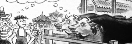 Cartoon depicting cows at a fair with a person expressing concern about their appearance and chemicals used.