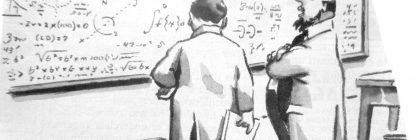 Two scientists in lab coats observing complex mathematical equations on a chalkboard.