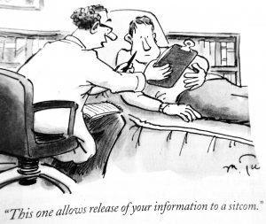A cartoon depicting a doctor discussing a clipboard with a patient lying on an examination table.
