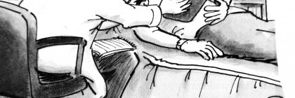 A cartoon depicting a doctor discussing a clipboard with a patient lying on an examination table.