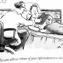A cartoon depicting a doctor discussing a clipboard with a patient lying on an examination table.