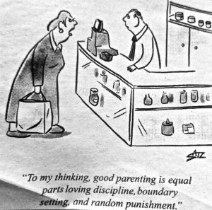 Cartoon depicting a woman speaking to a shopkeeper about parenting views with a bag in her hand.