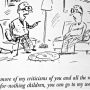 Two cartoon characters sitting on sofas, one speaking to the other in a humorous context.