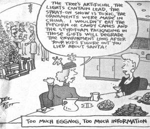A cartoon depicting a conversation about artificial Christmas trees and holiday gifts with humorous commentary.
