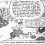 A cartoon depicting a conversation about artificial Christmas trees and holiday gifts with humorous commentary.