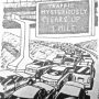 Illustration of a traffic jam with a sign indicating traffic clears up 1 mile ahead.