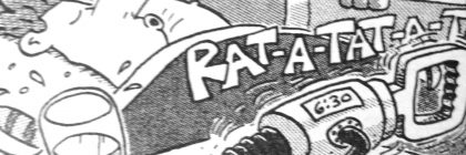 A cartoon depicting a man sleeping with a drill alarm clock on his bedside table.