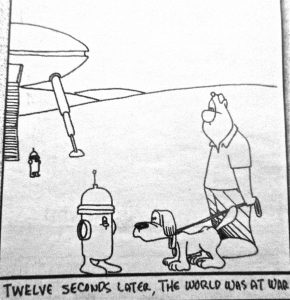 A cartoon featuring a dog on a leash next to a fire hydrant with a man standing nearby.
