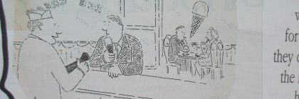 Cartoon depicting an ice cream parlor with a customer and server, featuring a humorous dialogue.